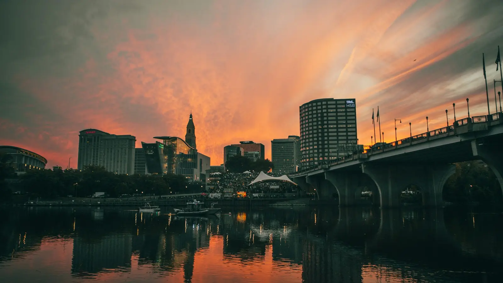 Hartford skyline and Connecticut River at sunset