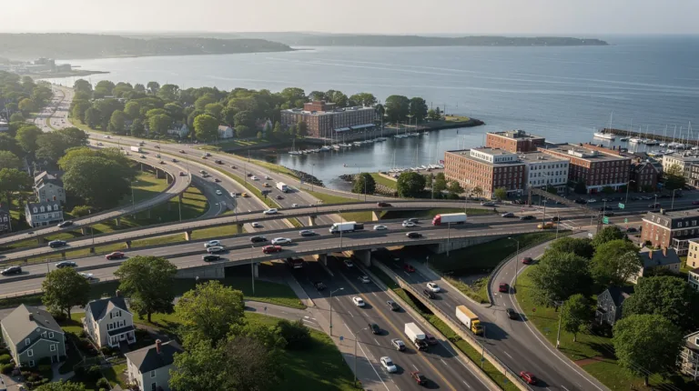 Illustration of traffic at a coastal highway interchange