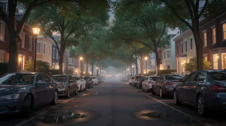 Cars parked along a tree-lined residential street at dusk