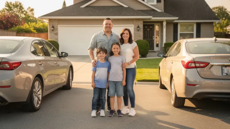 Illustration of a family beside two vehicles in a driveway