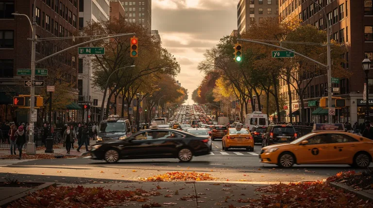 The image depicts a bustling urban intersection in New Britain, Connecticut, where cars are halted at a traffic light along a tree-lined street adorned with autumn foliage. This scene reflects the vibrant city life, where drivers navigate their vehicles while considering the best rates for car insurance and coverage options available in the area.
