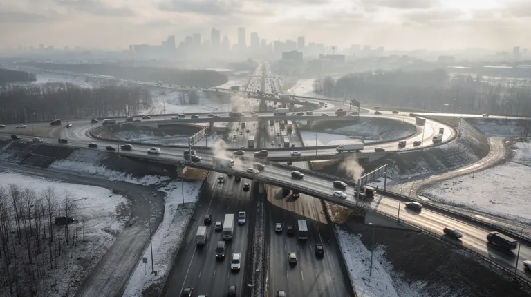 The image depicts a busy highway interchange in New Britain, Connecticut, with multiple lanes of traffic merging under a clear winter afternoon sky. Vehicles are navigating the roads, highlighting the importance of having the right coverage and car insurance for drivers in the area.