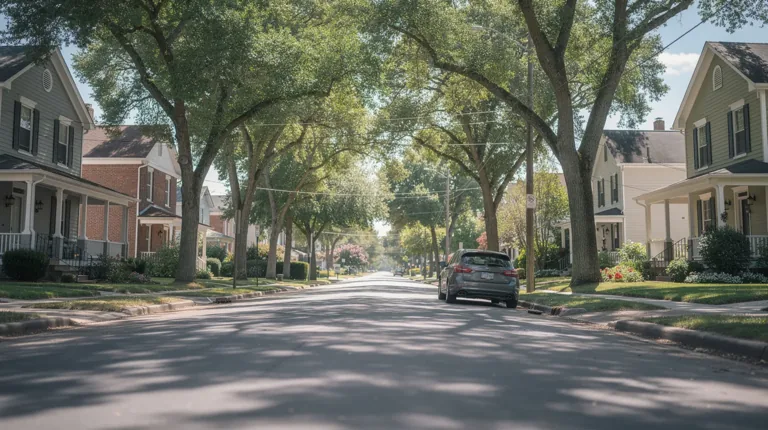 A parked car sits on a tranquil residential street in New Britain, Connecticut, surrounded by towering trees and charming older homes. This peaceful scene reflects the community's character, where residents can find the right coverage and best rates for their car insurance needs.