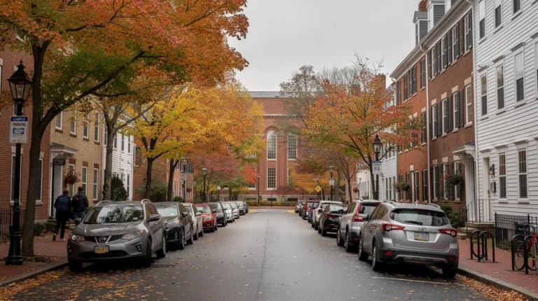 Tree-lined college-town street
