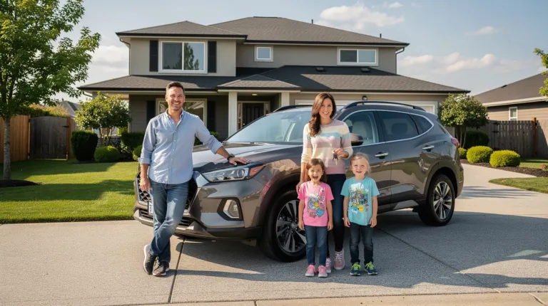 Family standing beside a car in a driveway