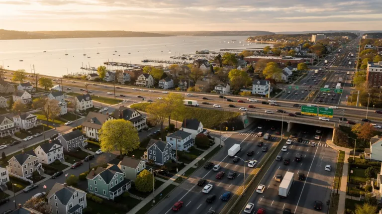 Coastal city neighborhoods and roads