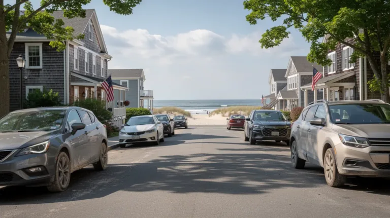 Parked cars near a coastal shoreline
